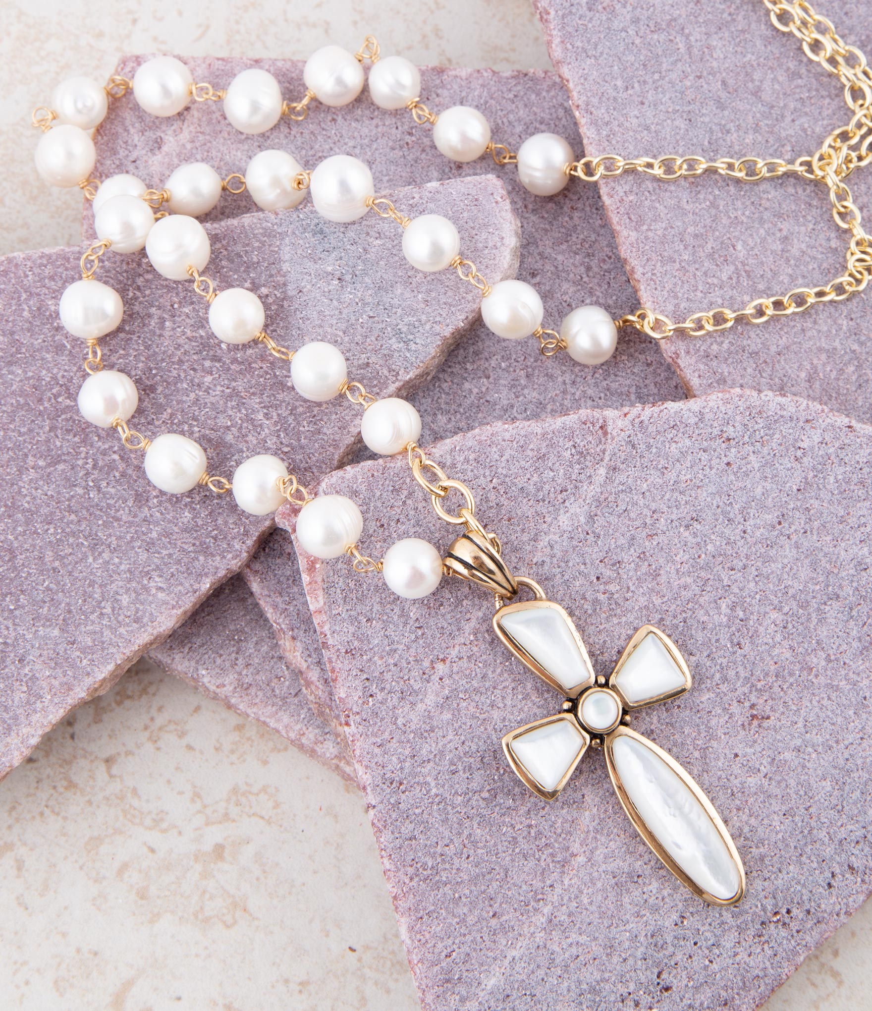 Golden Bronze Chain and White Pearl Cross Pendant Necklaces