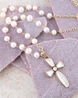 Golden Bronze Chain and White Pearl Cross Pendant Necklaces