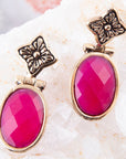Golden Flower Pink Agate Drop Earrings