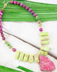Pink Jasper Lime Green Pendant Golden Necklace