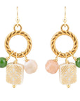 Green Jade and Pink Sunstone Golden Drop Earrings
