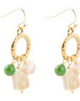 Green Jade and Pink Sunstone Golden Drop Earrings