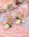 Green Jade and Pink Sunstone Golden Drop Earrings