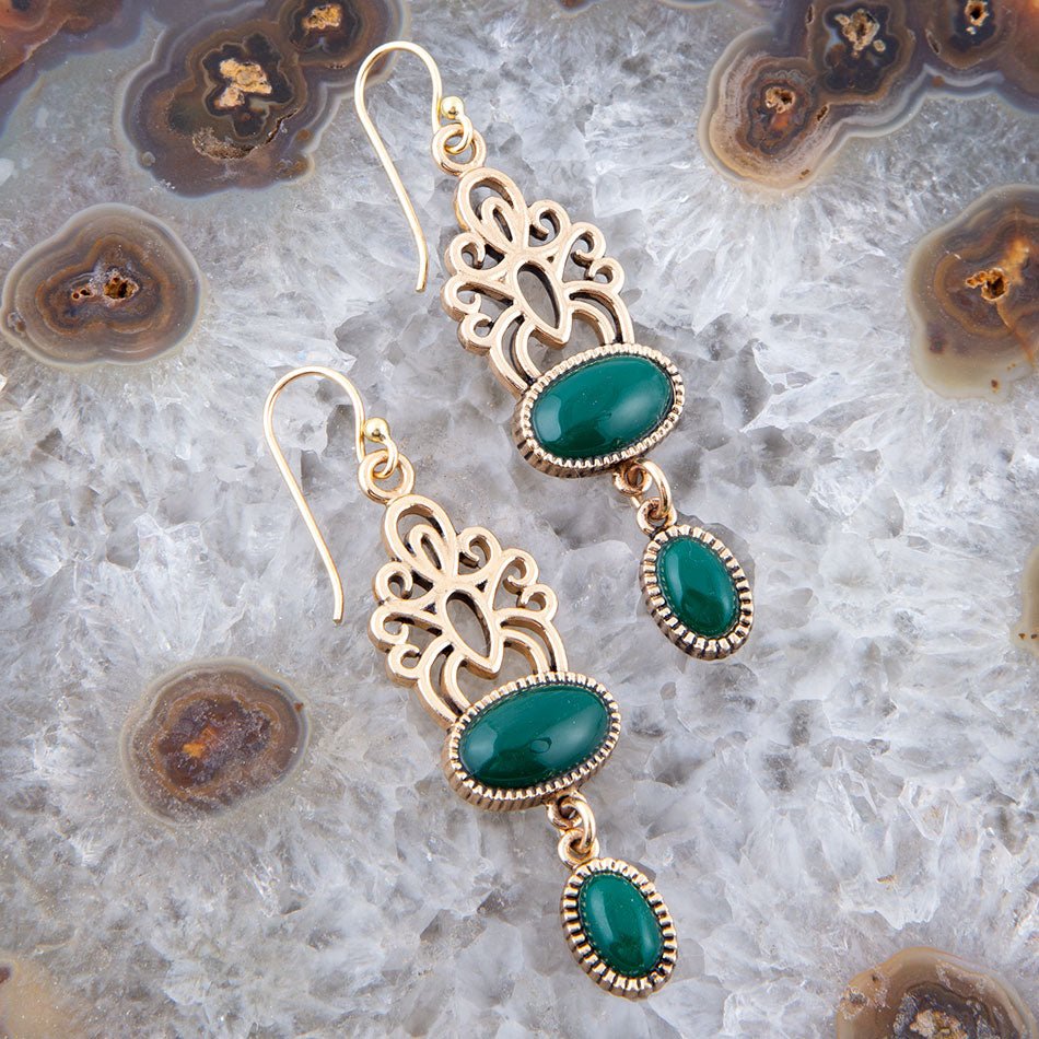 Green Onyx and Golden Drop Earrings