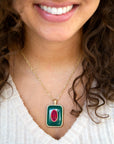 Green Onyx Stacked Red Quartz Golden Pendant Necklace