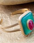 Green Onyx Stacked Red Quartz Golden Cuff Bracelet
