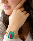 Green Onyx Stacked Red Quartz Golden Cuff Bracelet
