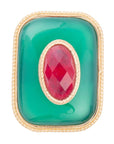 Green Onyx Stacked Red Stone Golden Statement Ring