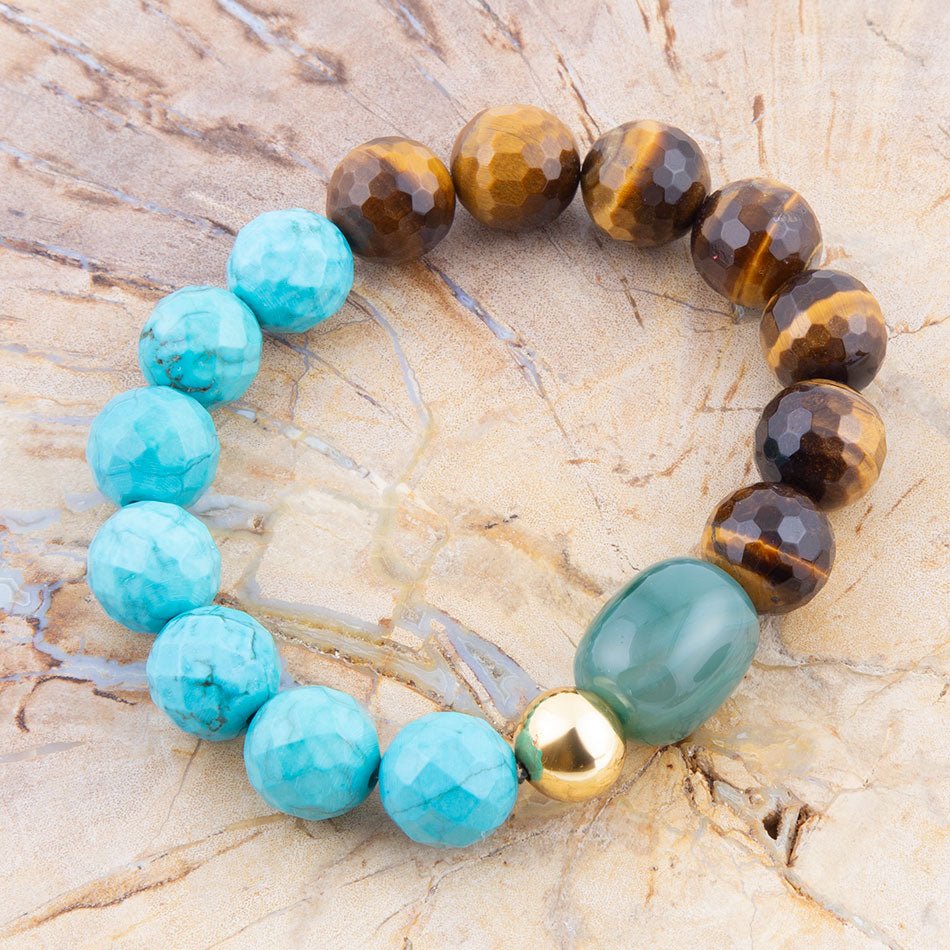 Grotto Blue Turquoise Magnesite and Brown Tiger's Eye Chunky Bracelet