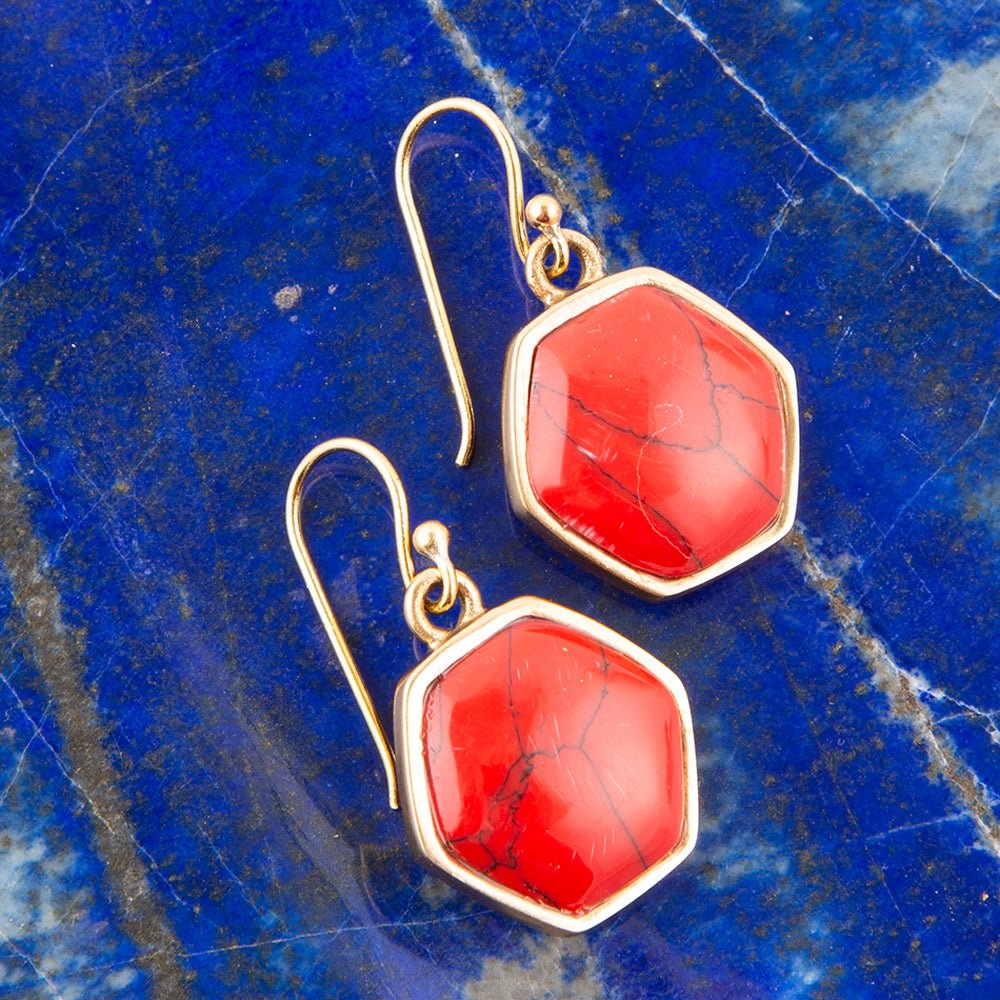 Hexagon Red Howlite Earrings