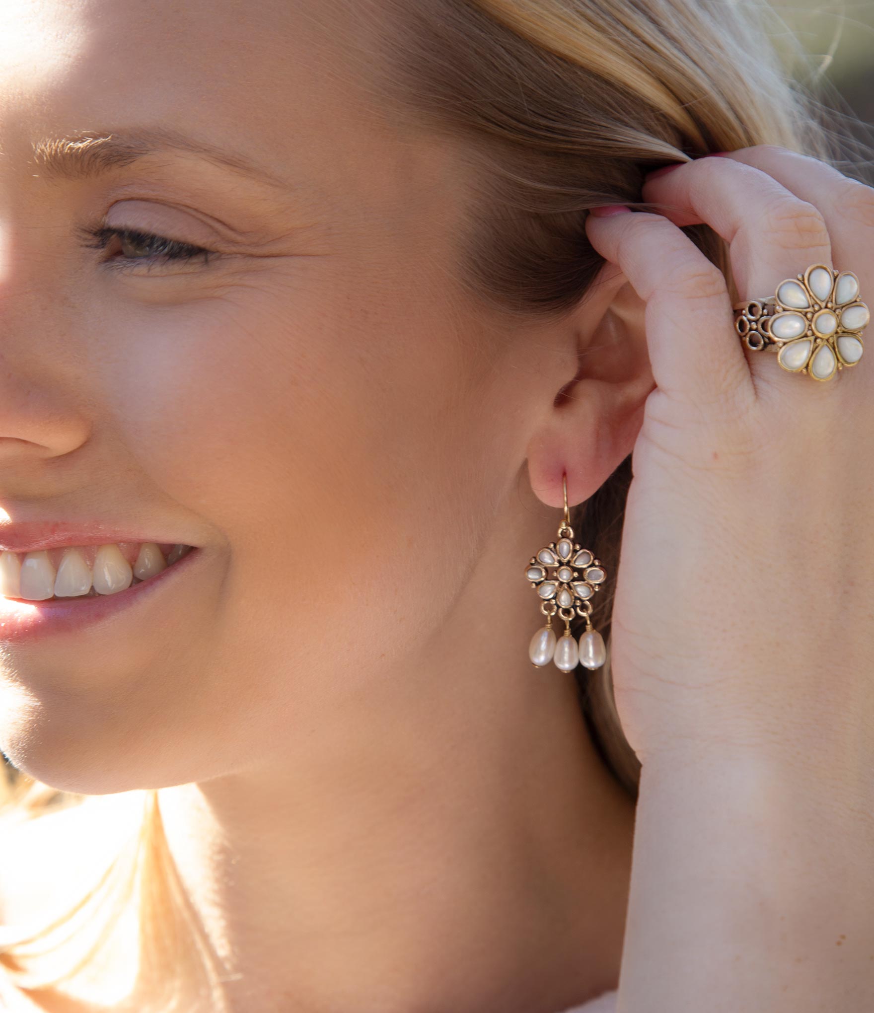 Hibiscus White Mother of Pearl and Golden Chandelier Earrings