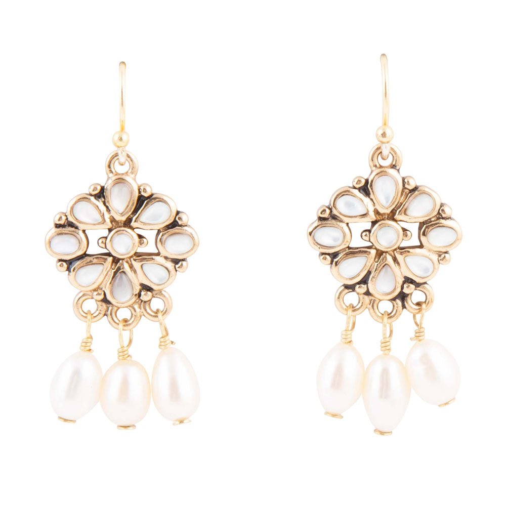 Hibiscus White Mother of Pearl and Golden Chandelier Earrings