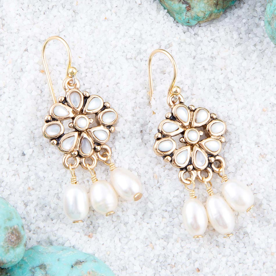 Hibiscus White Mother of Pearl and Golden Chandelier Earrings