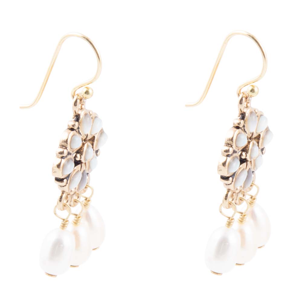 Hibiscus White Mother of Pearl and Golden Chandelier Earrings