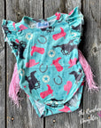 Shea Baby Short Sleeve Turquoise Cowgirl Fringe Onesie