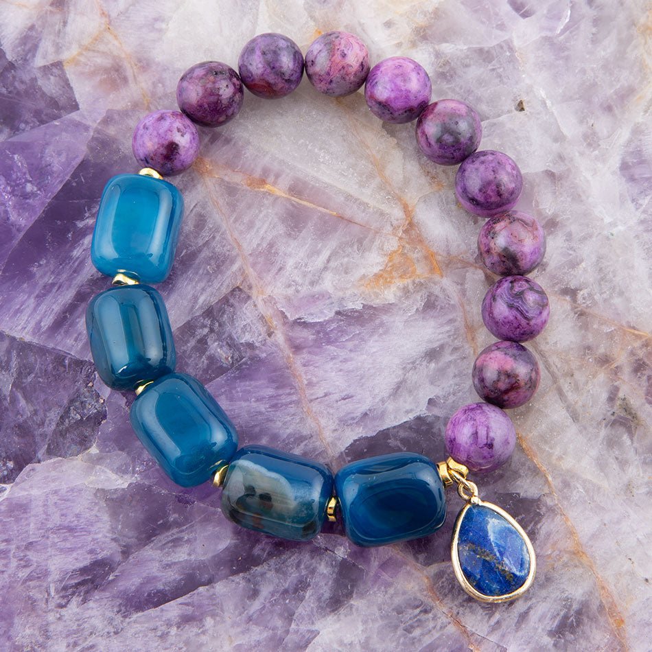 Indigo Blue Agate Purple Charm Golden Bracelet