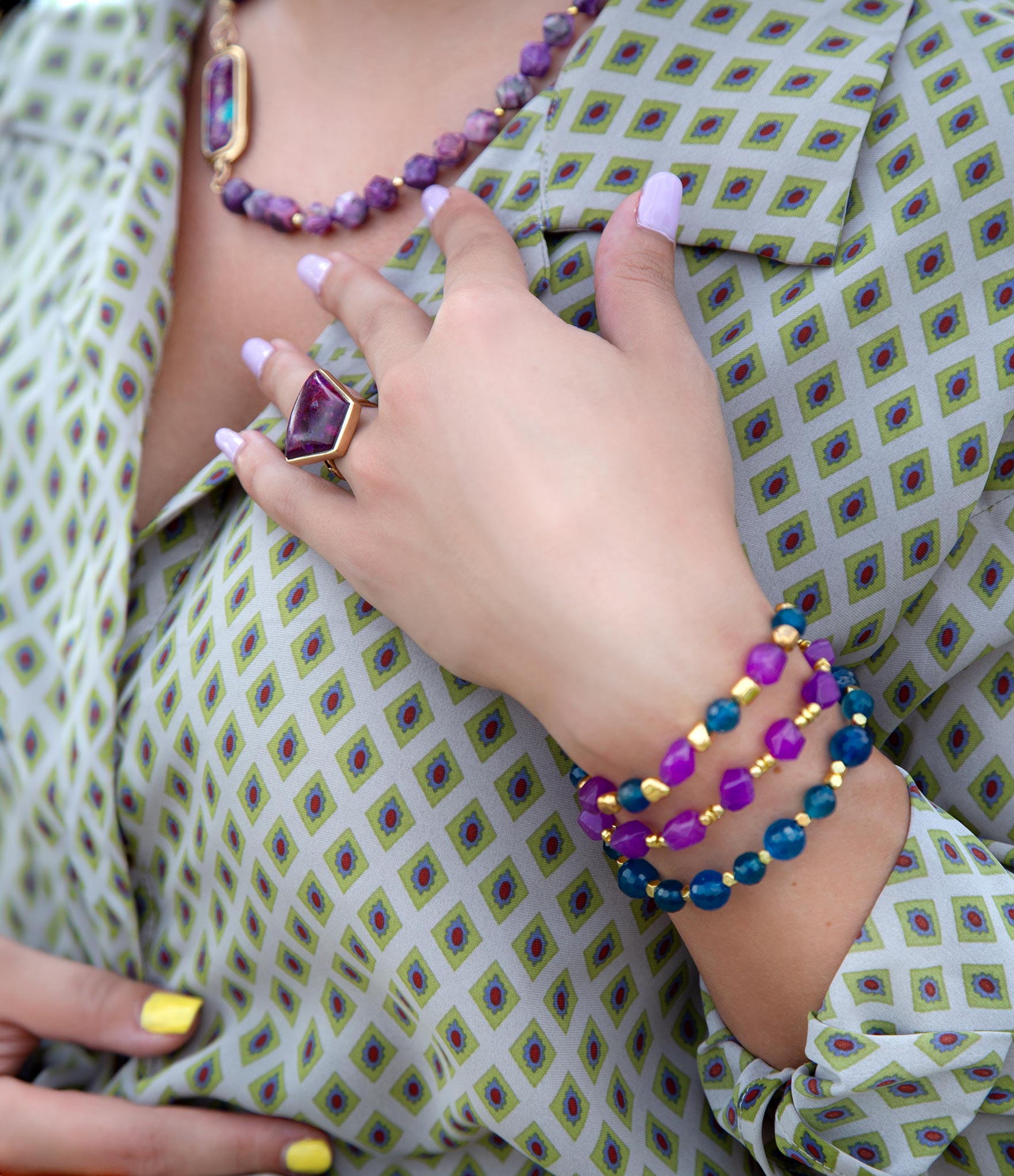 Indigo Blue Purple Agate Stack Golden Bracelet Set