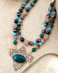 Jeweled Tyger's Eye and Green Onyx Golden Pendant Necklaces