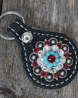 Black Key Chain with Red and Turquoise European Crystal Concho