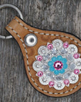 Light Oil Key Chain with Turquoise and Pink European Crystal Concho