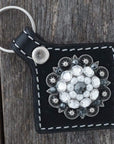 Black Key Chain with Jet and Pearl European Crystal Concho