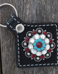 Black Key Chain with Red and Turquoise European Crystal Concho