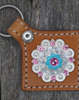 Light Oil Key Chain with Turquoise and Pink European Crystal Concho