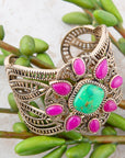 Madeira Lime and Pink Agate Statement Golden Cuff Bracelet