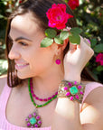 Madeira Lime and Pink Agate Statement Golden Cuff Bracelet