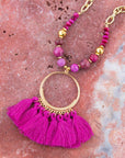 Pink Magenta Dreams Agate Tassel Golden Necklace