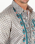 Mens Modern Fit Stretch Aztec Foiled Shirt - Beige