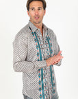 Mens Modern Fit Stretch Aztec Foiled Shirt - Beige