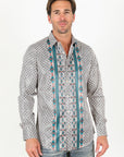 Mens Modern Fit Stretch Aztec Foiled Shirt - Beige