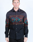 Men's Modern Fit Panoramic Aztec Print Long Sleeve Shirt - Black