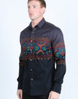 Men's Modern Fit Panoramic Aztec Print Long Sleeve Shirt - Black
