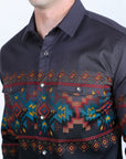 Men's Modern Fit Panoramic Aztec Print Long Sleeve Shirt - Black