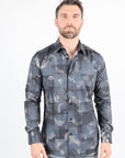 Mens Modern Fit Stretch Foiled Black Long Sleeve Shirt