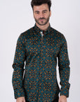 Small Print Satin Cotton/Spandex Long Sleeve Shirt