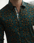 Small Print Satin Cotton/Spandex Long Sleeve Shirt