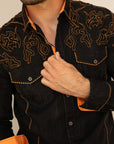 Mens Vintage Washed 2-tone Embroidery Modern Fit Stretch Shirt