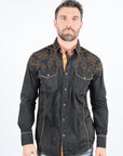 Mens Vintage Washed 2-tone Embroidery Modern Fit Stretch Shirt
