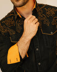 Mens Vintage Washed 2-tone Embroidery Modern Fit Stretch Shirt