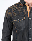 Mens Vintage Washed 2-tone Embroidery Modern Fit Stretch Shirt