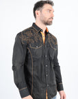 Mens Vintage Washed 2-tone Embroidery Modern Fit Stretch Shirt
