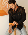 Mens Vintage Washed 2-tone Embroidery Modern Fit Stretch Shirt
