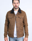 Mens Sherpa Lined Faux Suede Jacket - Brown