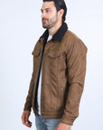 Mens Sherpa Lined Faux Suede Jacket - Brown
