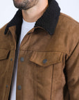 Mens Sherpa Lined Faux Suede Jacket - Brown