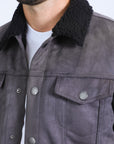 Mens Sherpa Lined Faux Suede Jacket - Charcoal