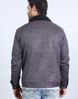 Mens Sherpa Lined Faux Suede Jacket - Charcoal